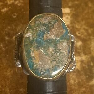 Bora Yassar Ring Size 8 Sterling Silver, Bronze & Chrysocolla Quartz Statement